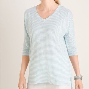 Chicos Linen Blue Stripe Dolman Sleeve Drop Shoulder Top Coastal Medium